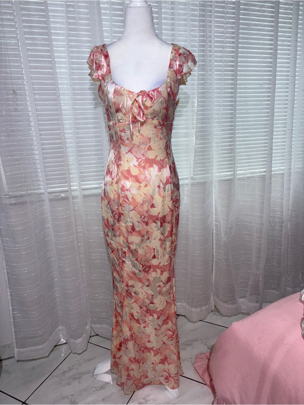 Floral Pink Cream Maxi Dress with Cap Sleeves
